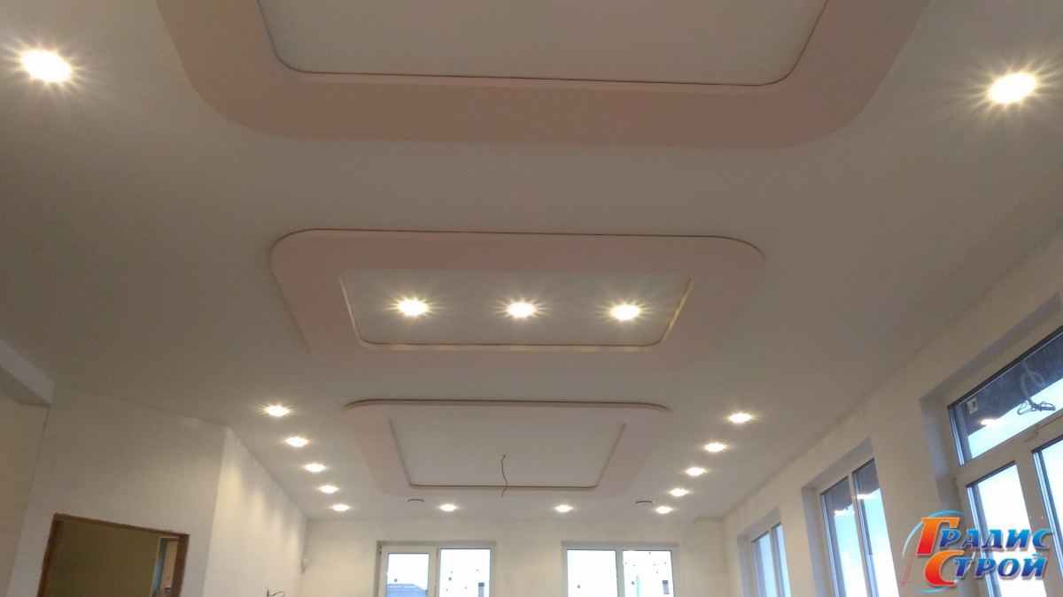 Двухуровневый тканевый натяжной потолок 45 м²